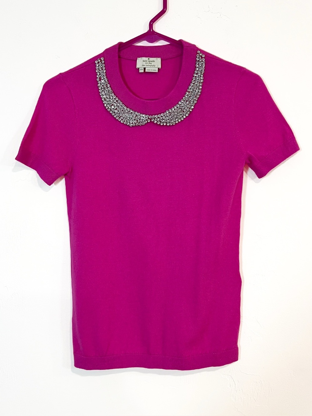 Kate Spade Rhinestone Peter Pan Color Short Sleeve Knit Top Pink Size XS
